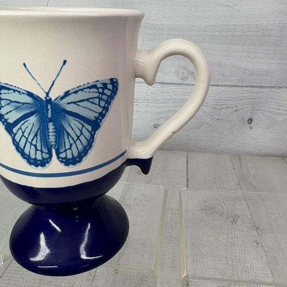 Vintage BUTTERFLY Cobalt Blue White Pedestal Ceramic 10oz Irish Coffee Mug Set 4 - Picture 13 of 16